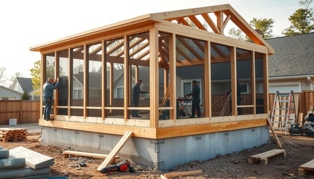 how to build screened in porch on concrete
