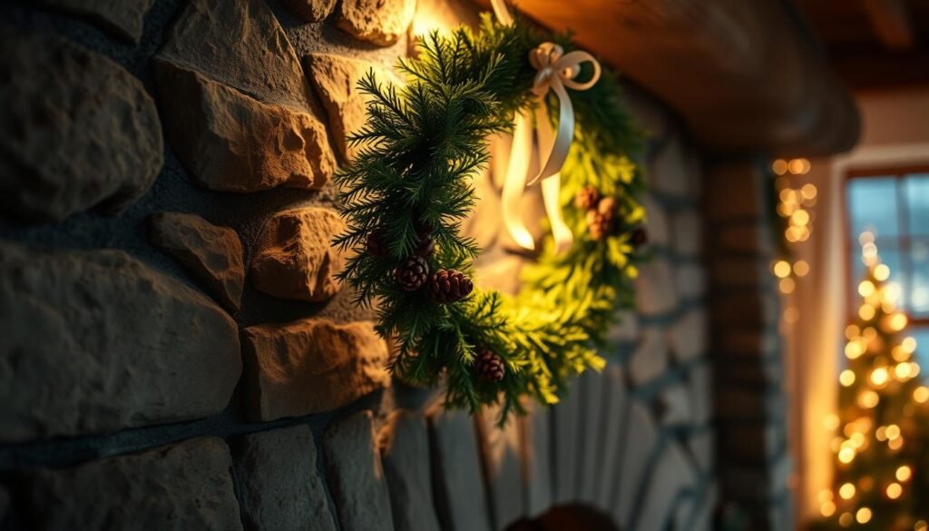 how to hang a wreath on a stone fireplace