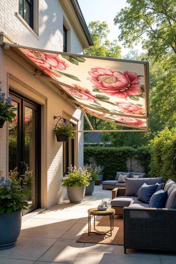 botanical patterned outdoor awnings