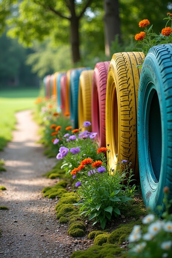 colorful tire garden barriers