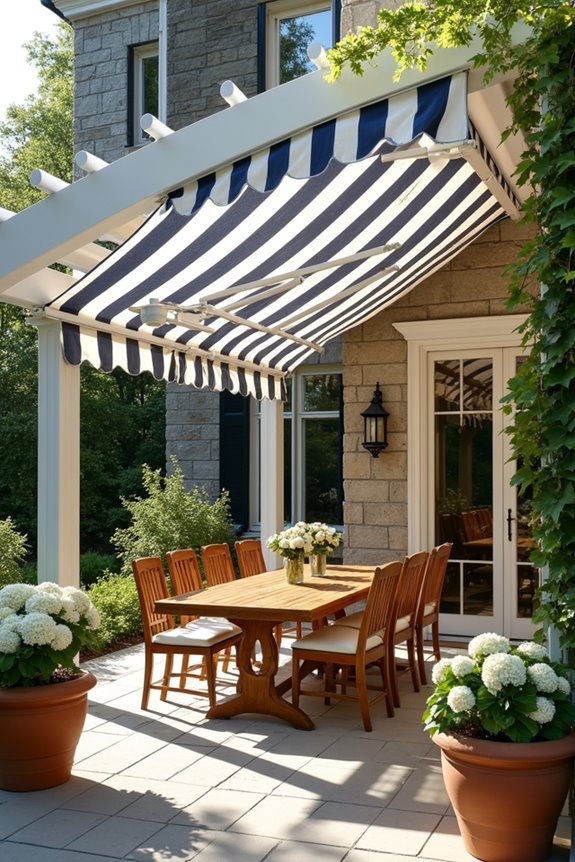 european inspired striped awning