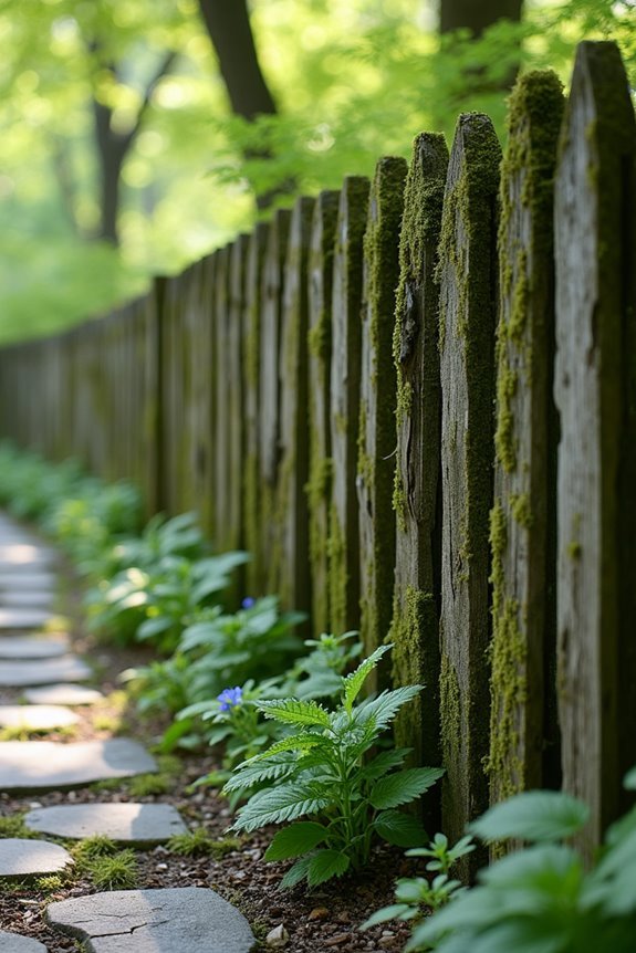 moss covered rustic picket fences